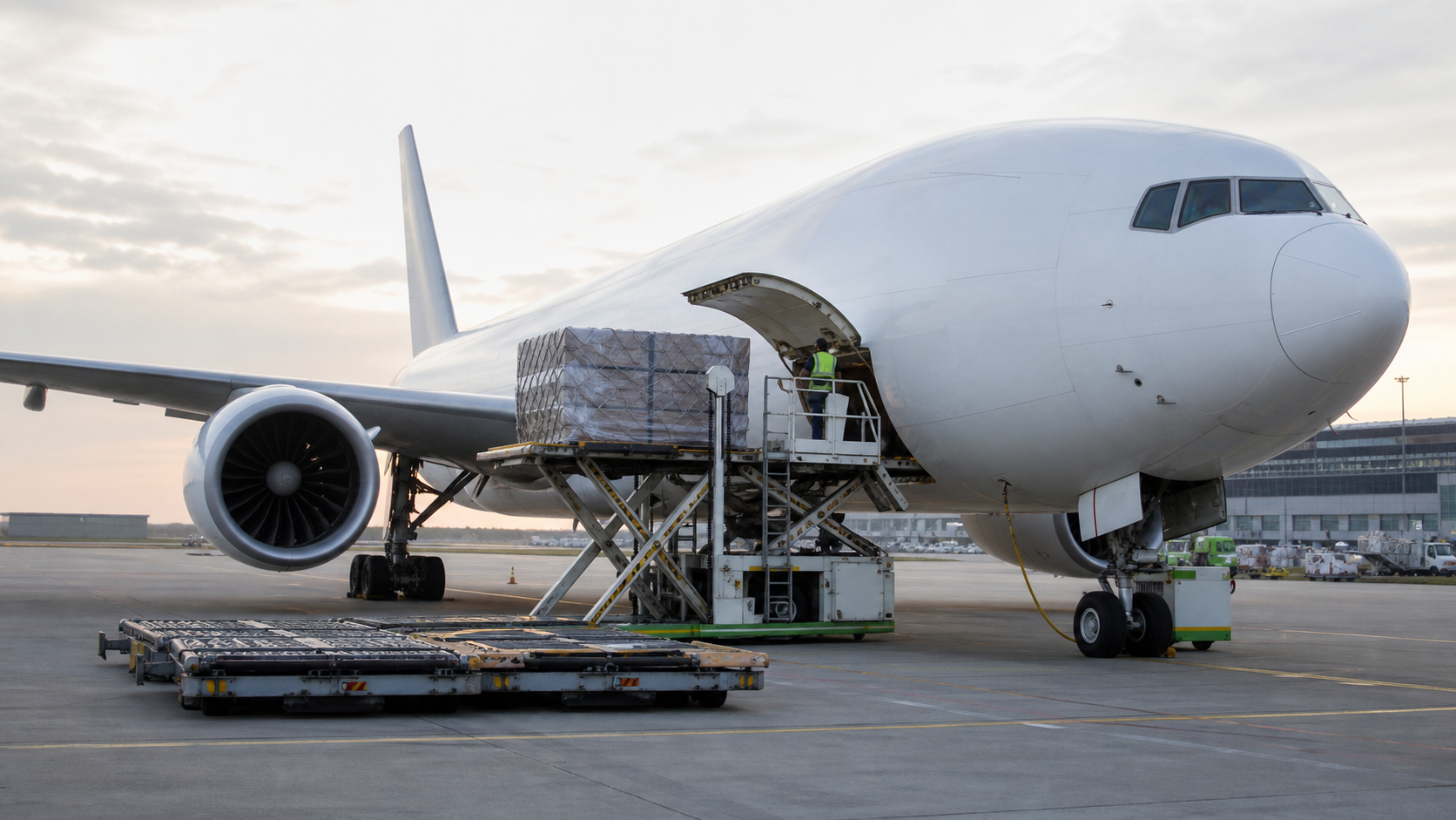 Wide-body cargo aircraft receiving a wrapped pallet at an airport freight terminal