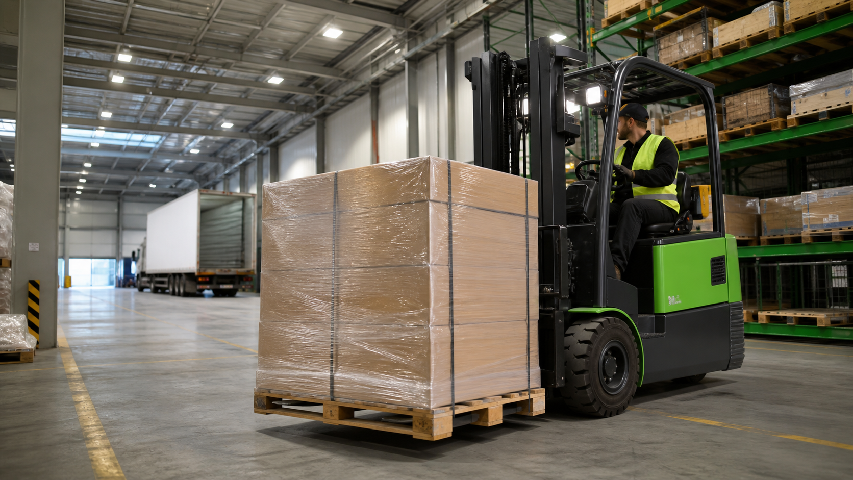 Forklift carrying a wrapped pallet inside a professional cargo warehouse