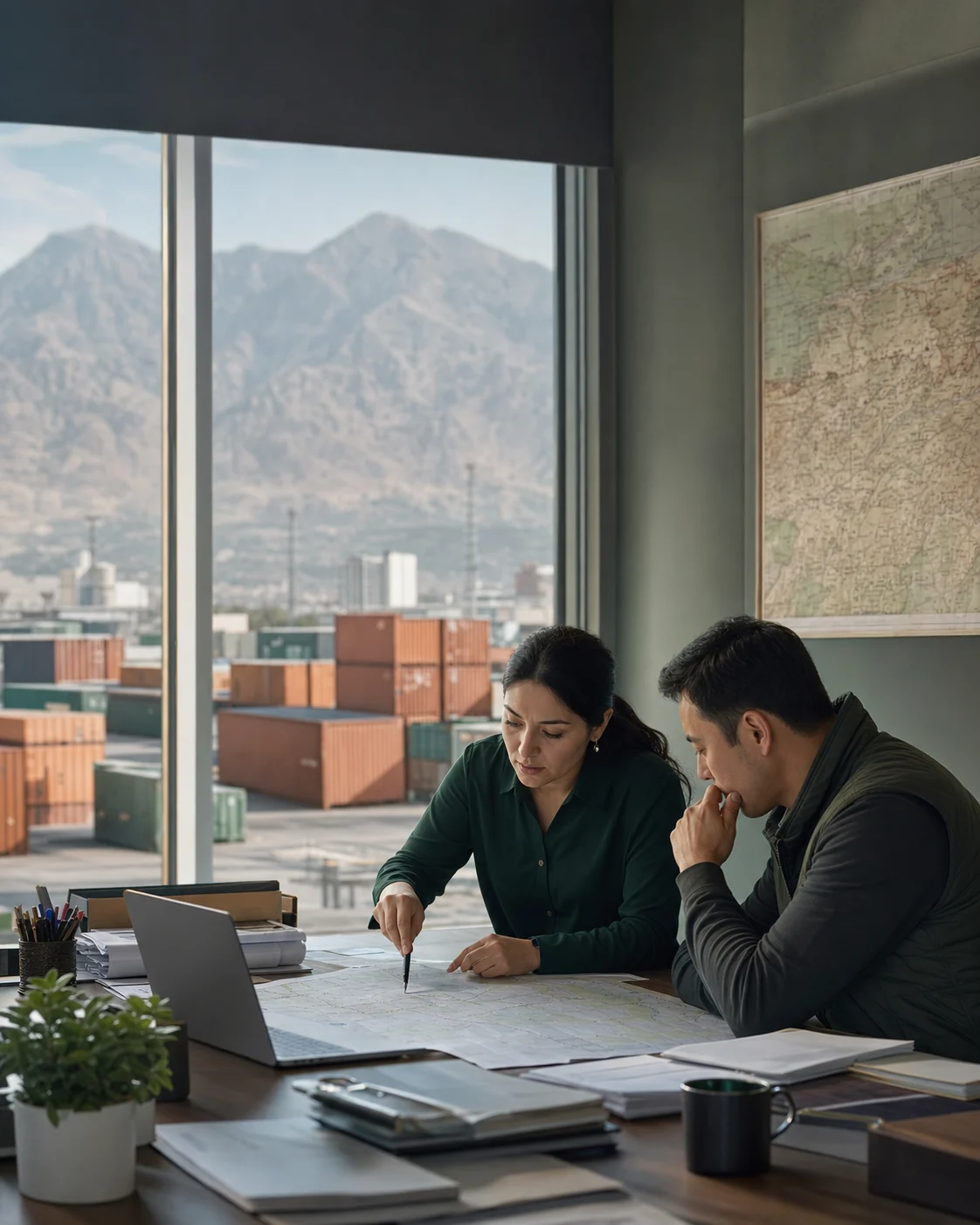 Two TOJDORON logistics specialists reviewing an international cargo route in Dushanbe