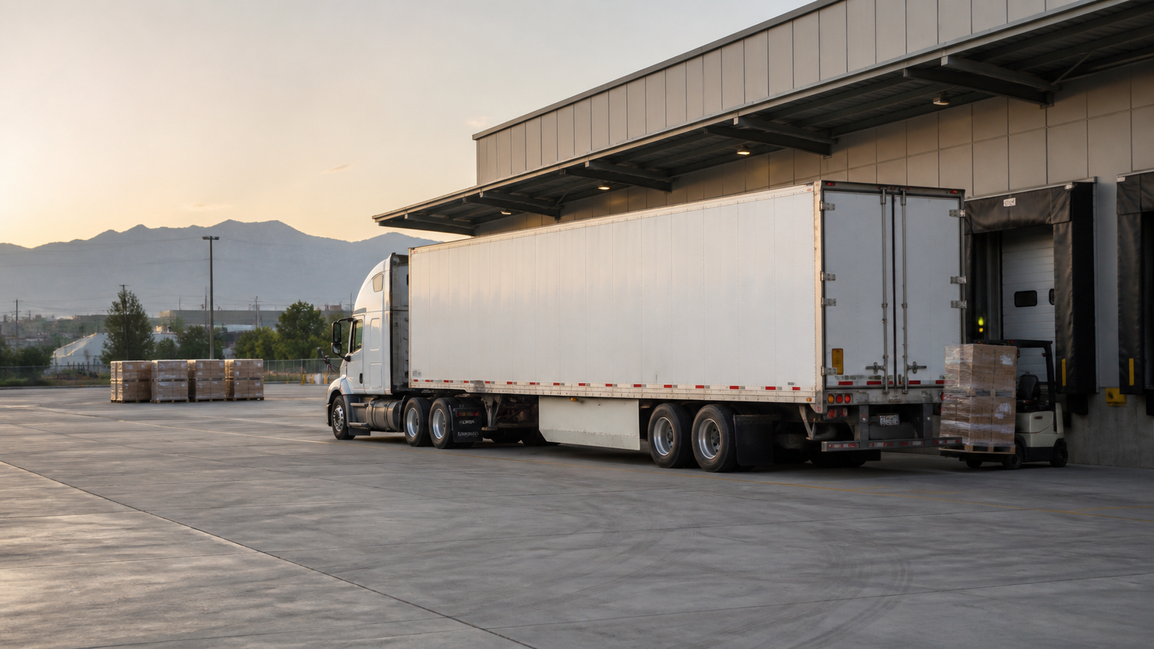 Modern white tractor-trailer positioned at a freight loading dock