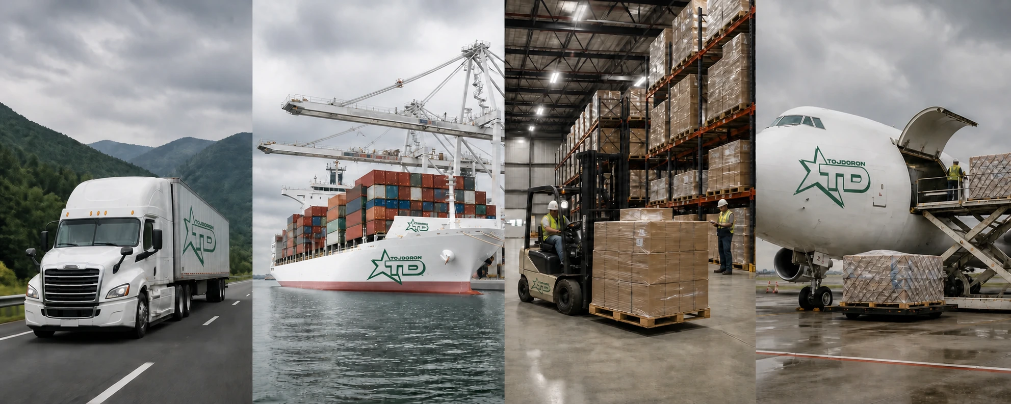 TOJDORON-branded road truck, container ship, warehouse cargo equipment, and air freight aircraft